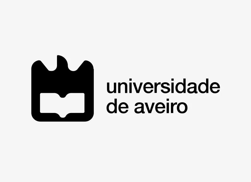 Universidade de Aveiro logo with stylized symbol and name in black and white minimalist design, link to partner information.