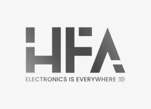HFA logo with the text &ldquo;HFA&rdquo; and tagline &ldquo;Electronics is everywhere&rdquo; in grey tones, link to partner information.