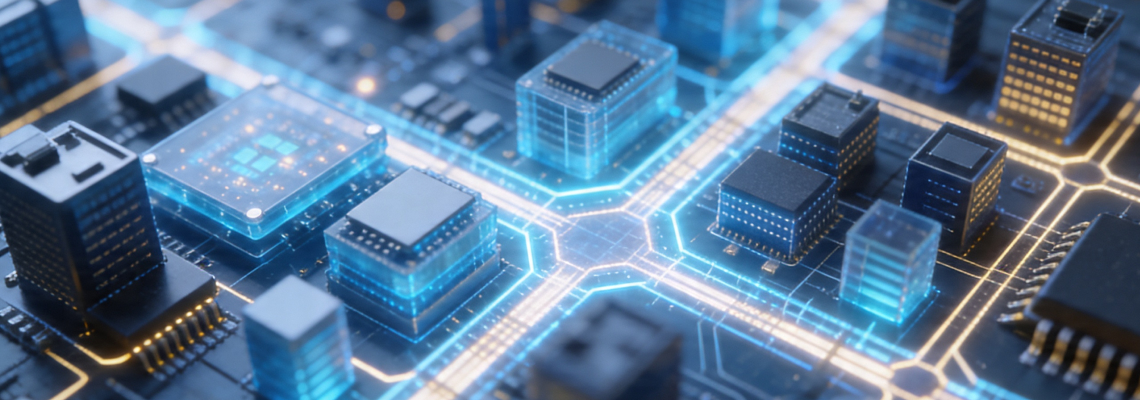 Micro-scale interface with connected nodes and components, representing collaboration, knowledge exchange, and interdisciplinary research networks.