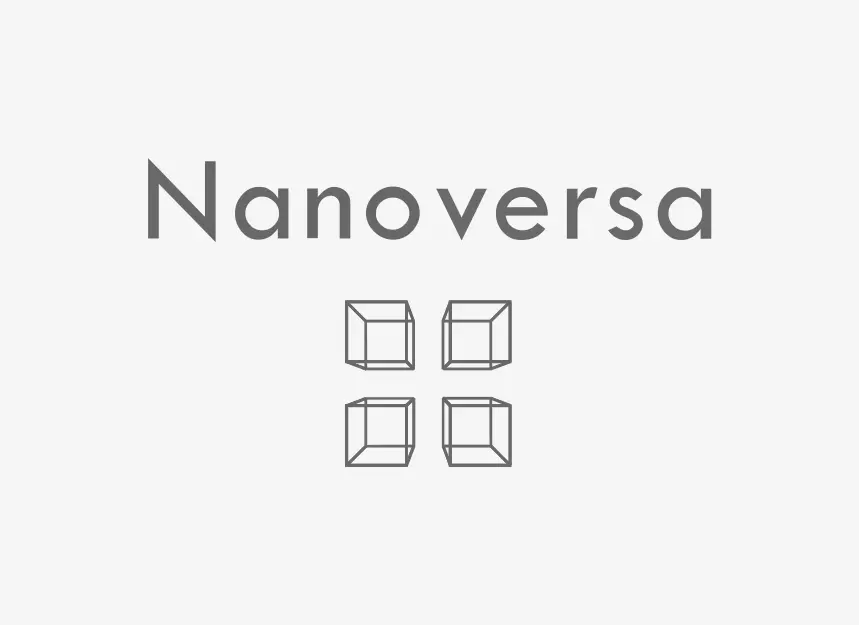 Nanoversa logo with the text “Nanoversa” and geometric cube symbol in grey tones, minimalist design, link to partner information.
