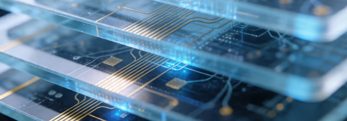 Abstract city-like digital infrastructure built from circuit elements, representing coordination, system integration, and project management in large-scale research.