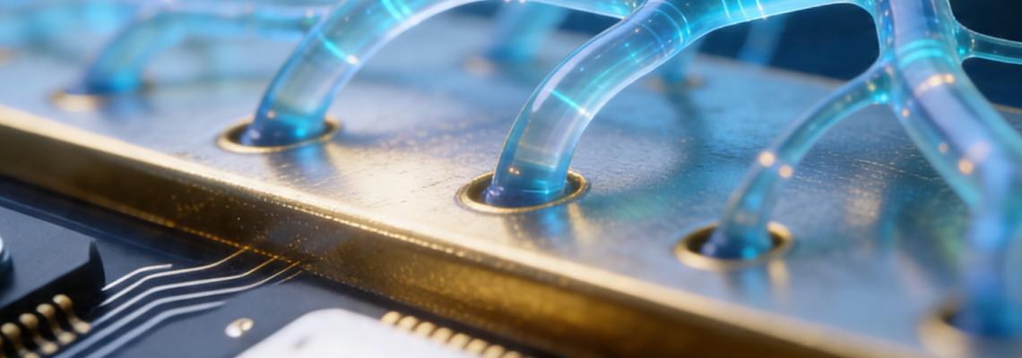 Micro-scale electronic surface with interconnected channels and components, representing synthesis and functionalization processes of ZnO tetrapod networks in neuromorphic materials research.