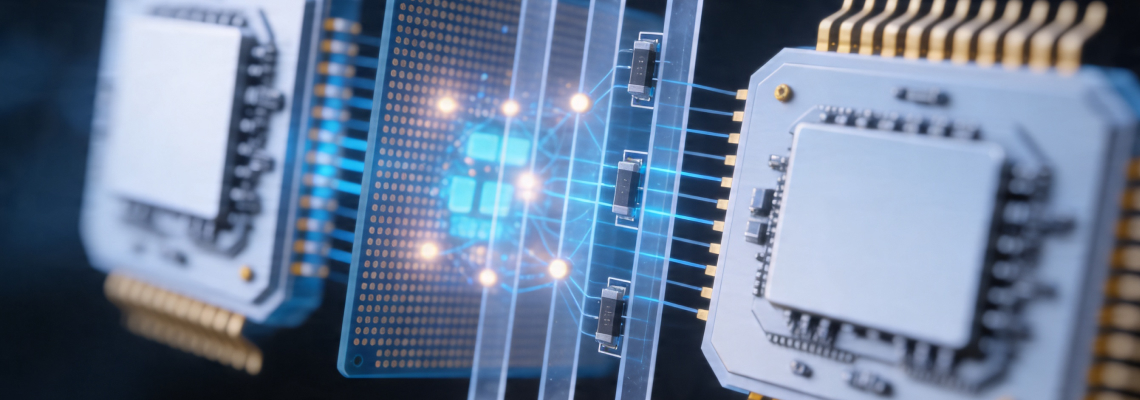 Microchip architecture with structured conductive layers, representing computational modelling and simulation of neuromorphic device behavior.
