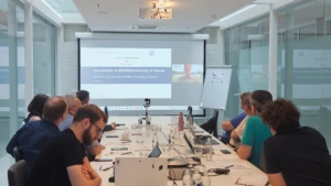 A meeting room view from behind a group of attendees looking toward a projector screen. The screen displays a presentation titled "Introduction to BRAINS/University of Twente" with a video call window showing a remote speaker.